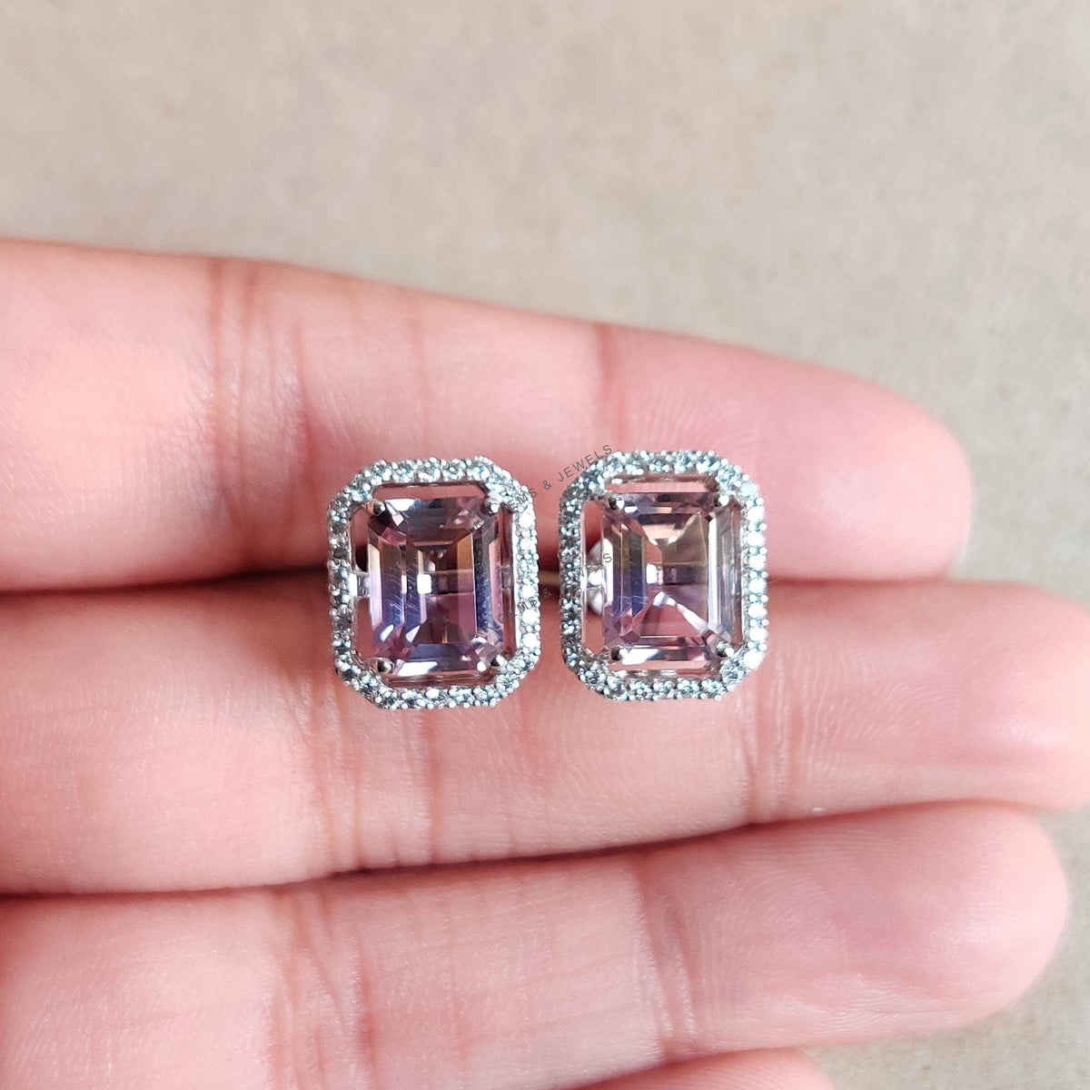 Natural Ametrine & Diamond Earrings, 14K Solid White Gold Earrings, November Birthstone,