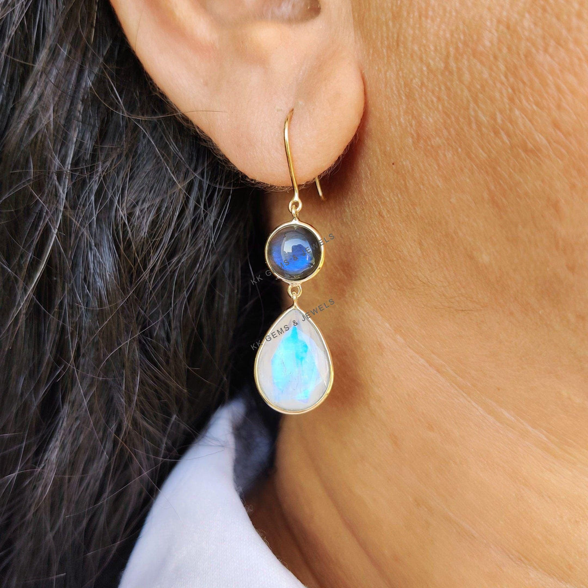 14K Solid Gold Natural Labradorite & Rainbow Moonstone Dangle Earrings, November Birthstone