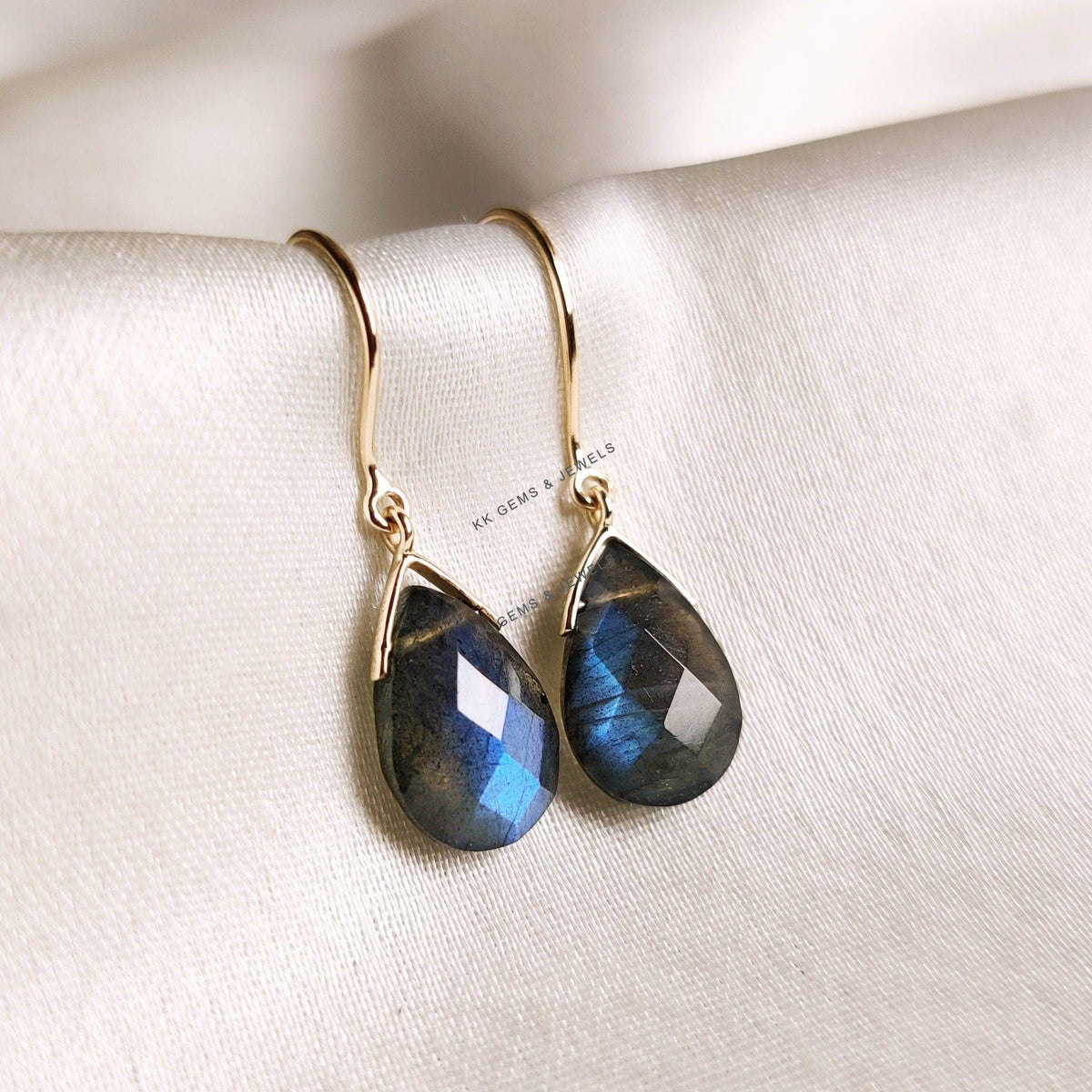 14K Solid Yellow Gold Natural Labradorite Earrings, Pear Drop Gemstone, August Birthstone