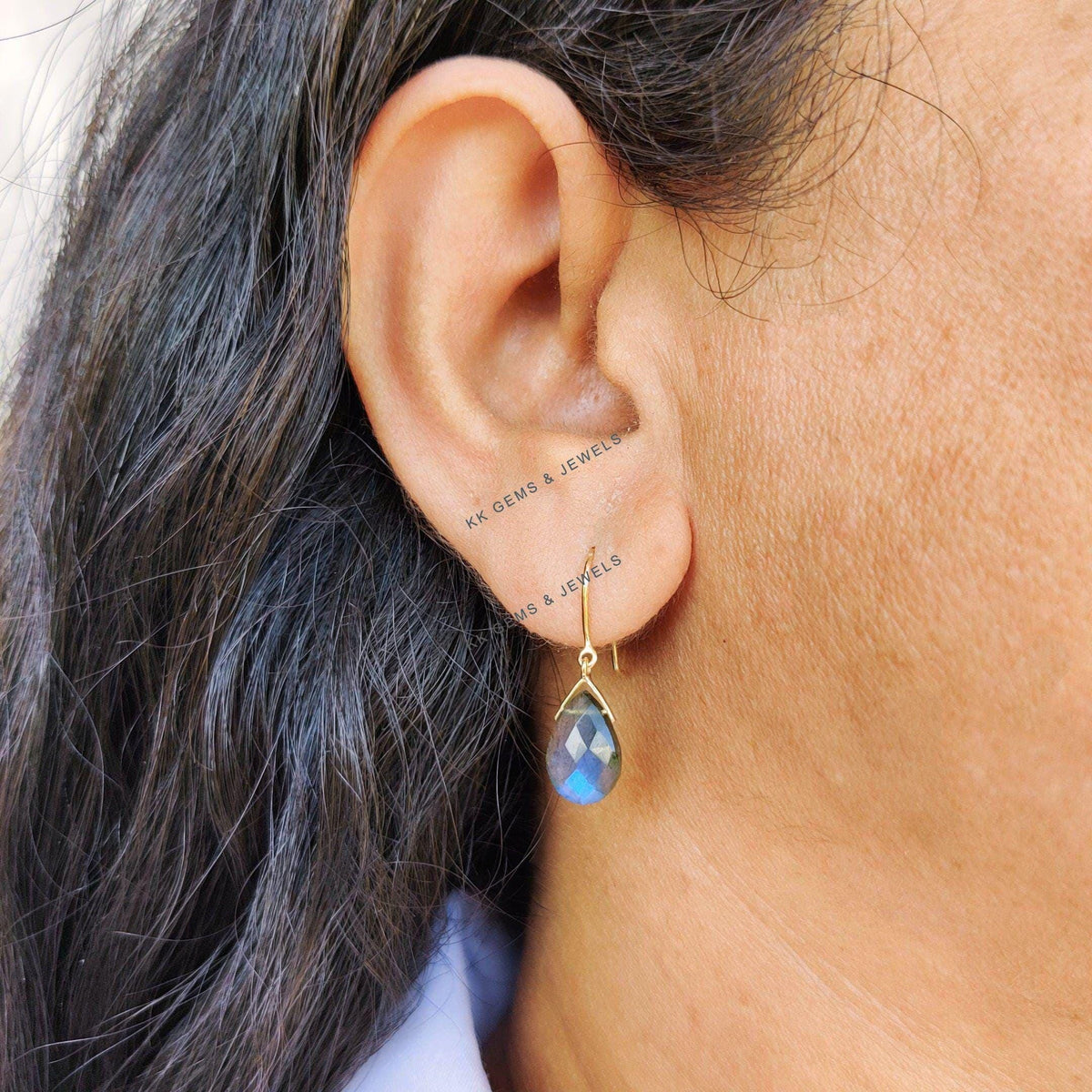 14K Solid Yellow Gold Natural Labradorite Earrings, Pear Drop Gemstone, August Birthstone