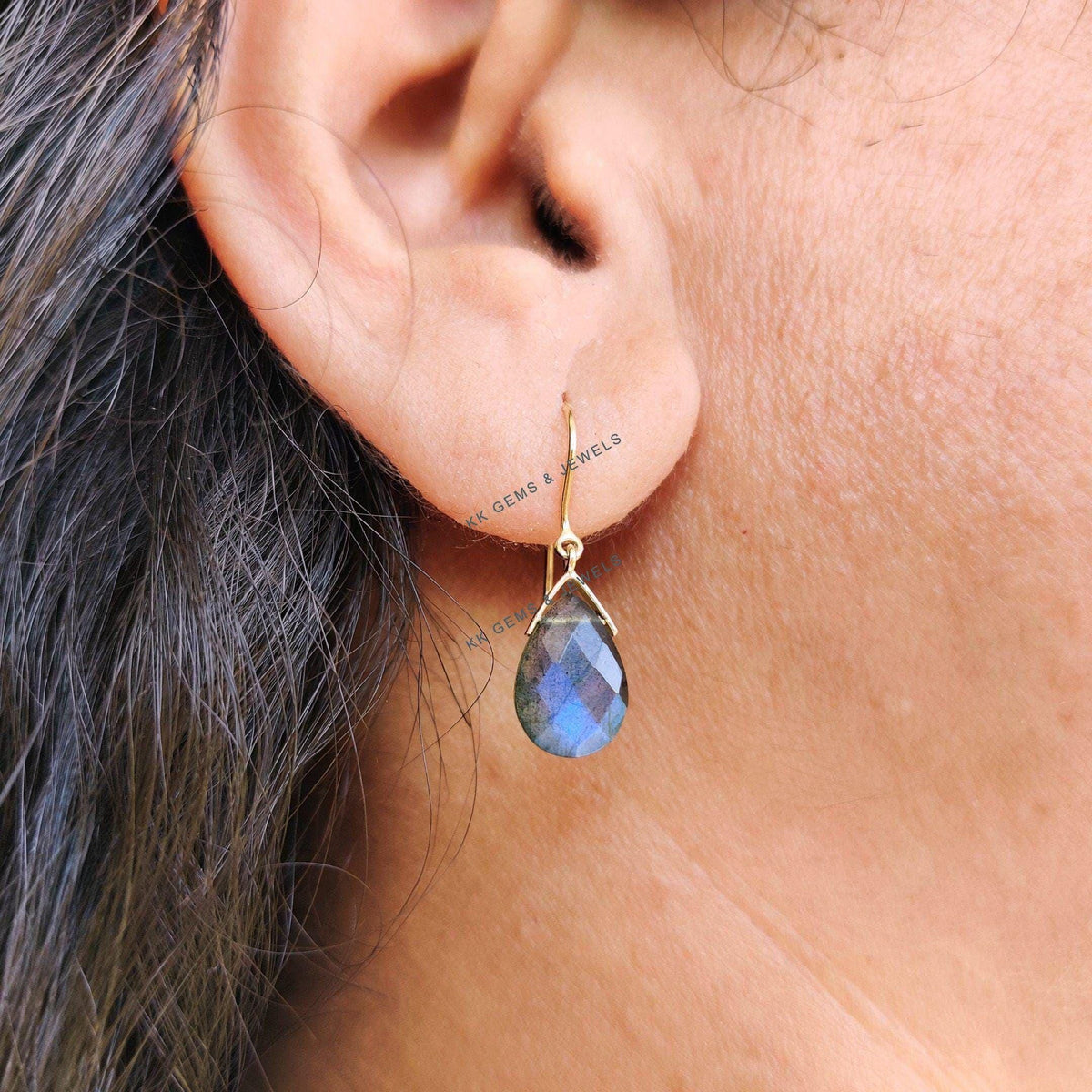 14K Solid Yellow Gold Natural Labradorite Earrings, Pear Drop Gemstone, August Birthstone
