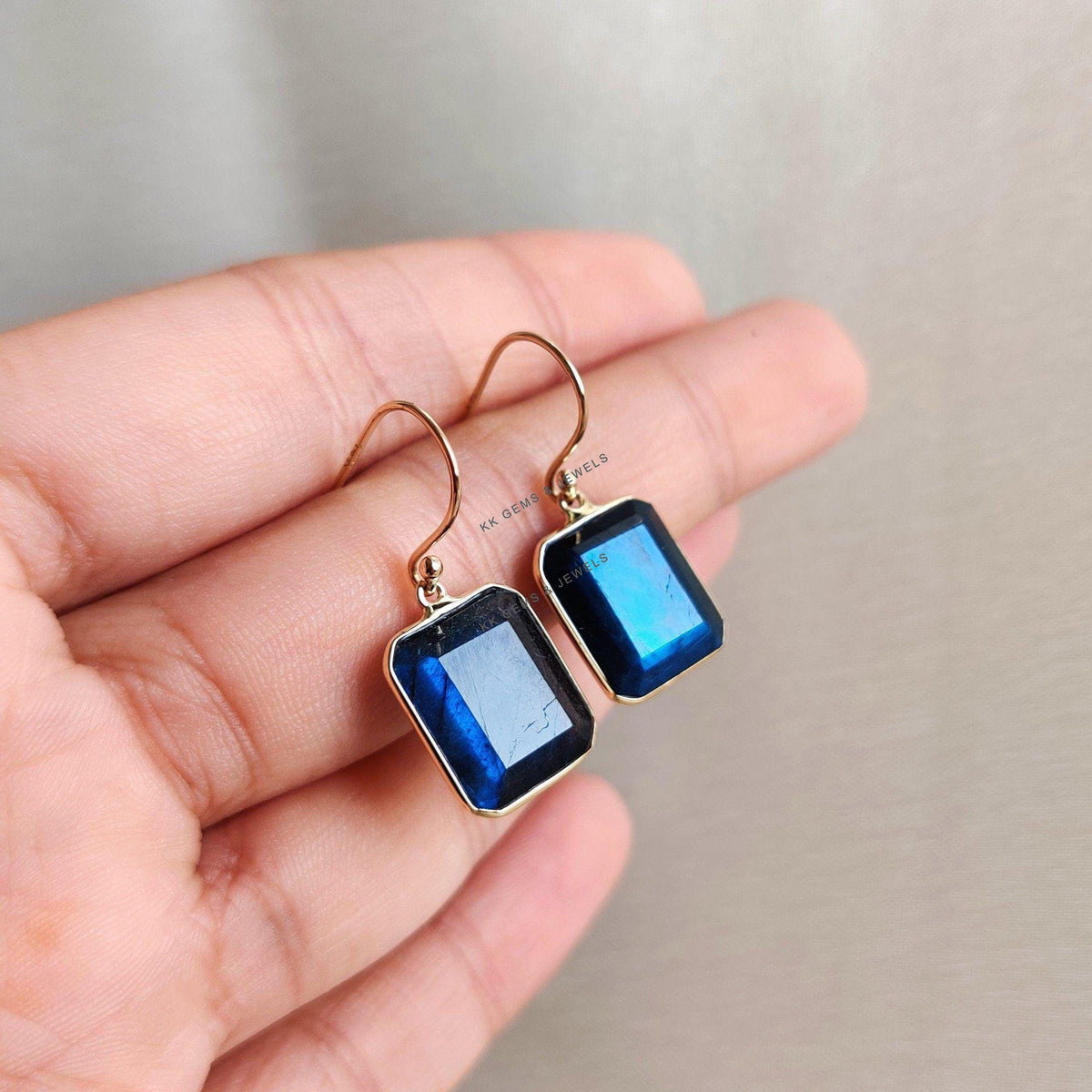 14K Solid Gold Natural Labradorite Earrings: Octagon Cut, August Birthstone