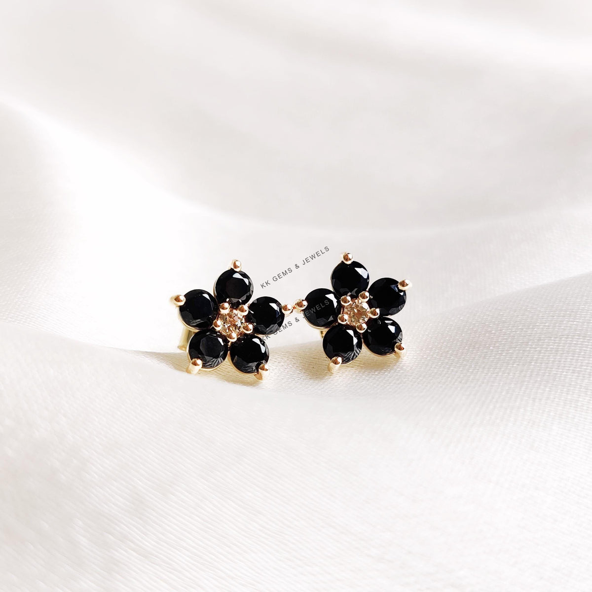Natural Black Spinel & White Topaz Flower Studs, 14K Solid Yellow Gold Earrings