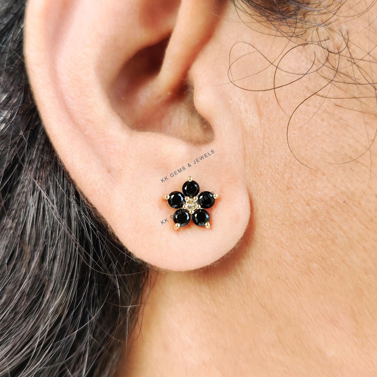 Natural Black Spinel & White Topaz Flower Studs, 14K Solid Yellow Gold Earrings