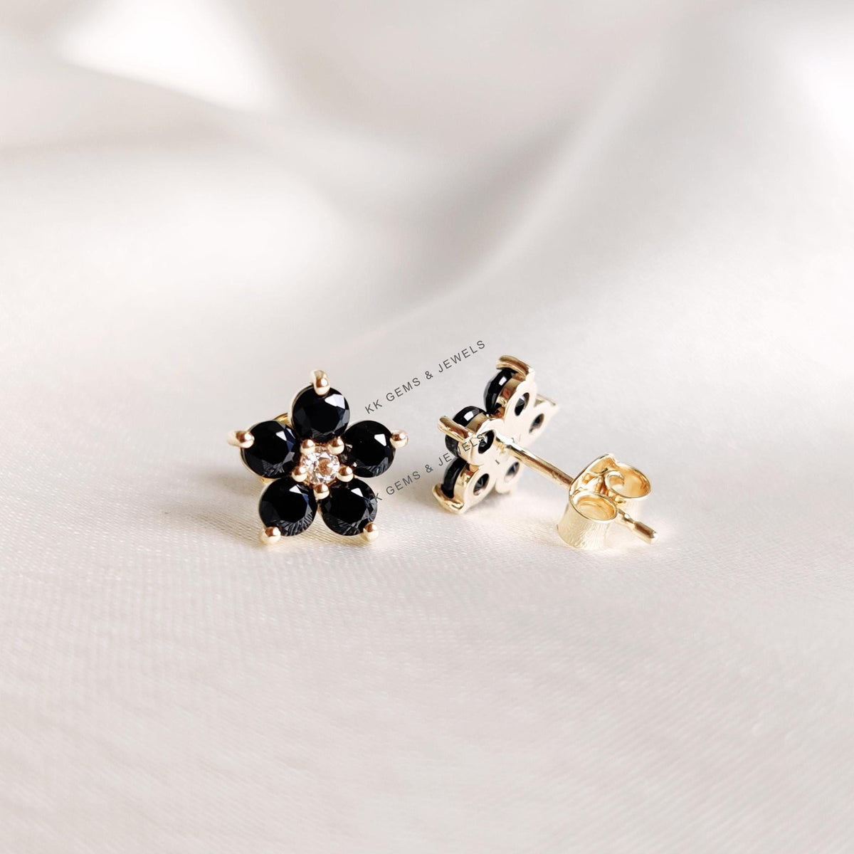Natural Black Spinel & White Topaz Flower Studs, 14K Solid Yellow Gold Earrings