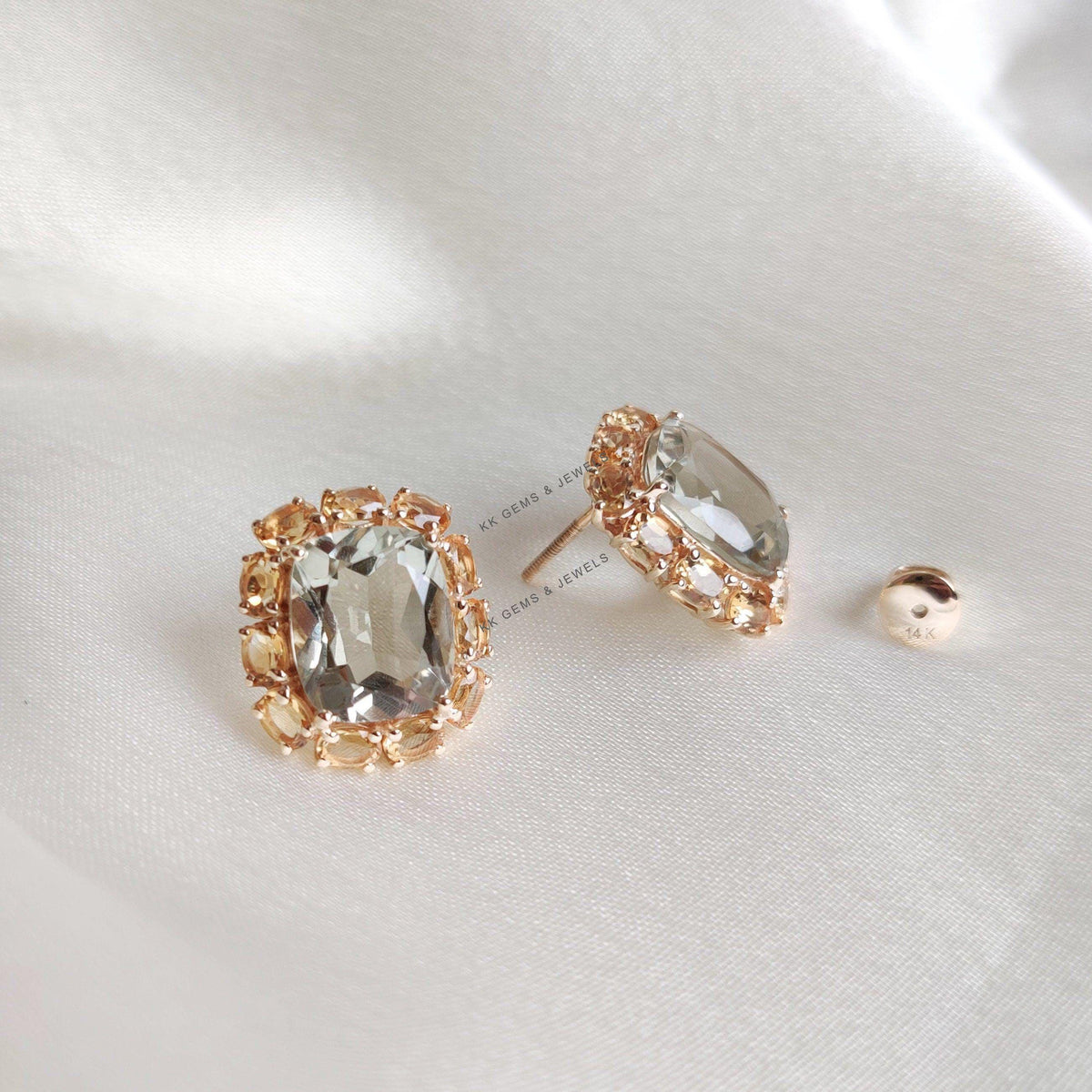 Natural Green Amethyst Citrine Earrings, 14K Solid Yellow Gold Studs