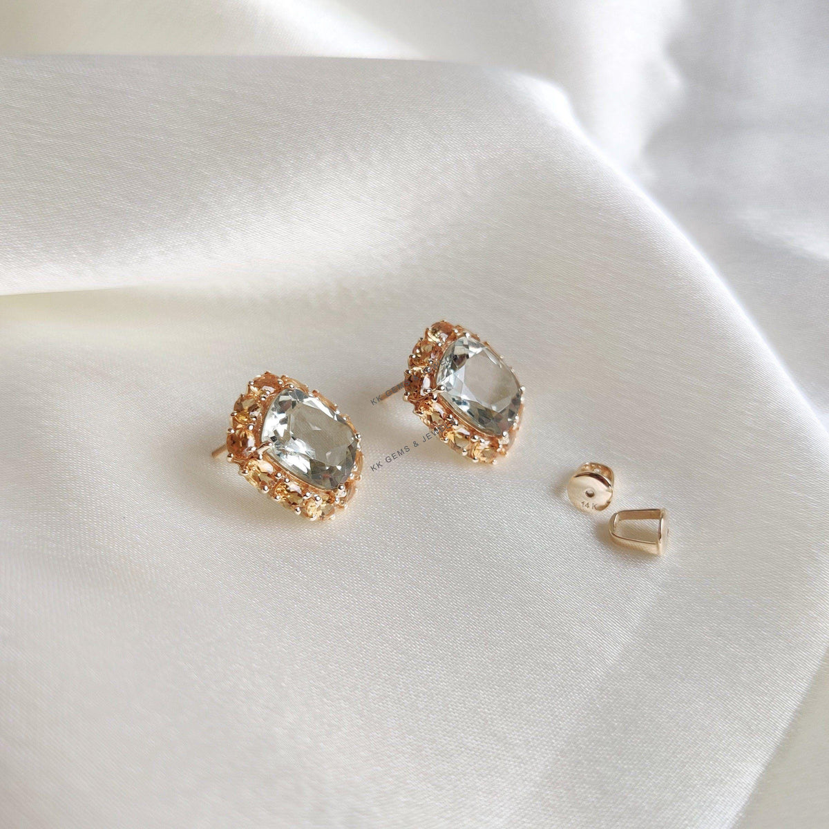 Natural Green Amethyst Citrine Earrings, 14K Solid Yellow Gold Studs