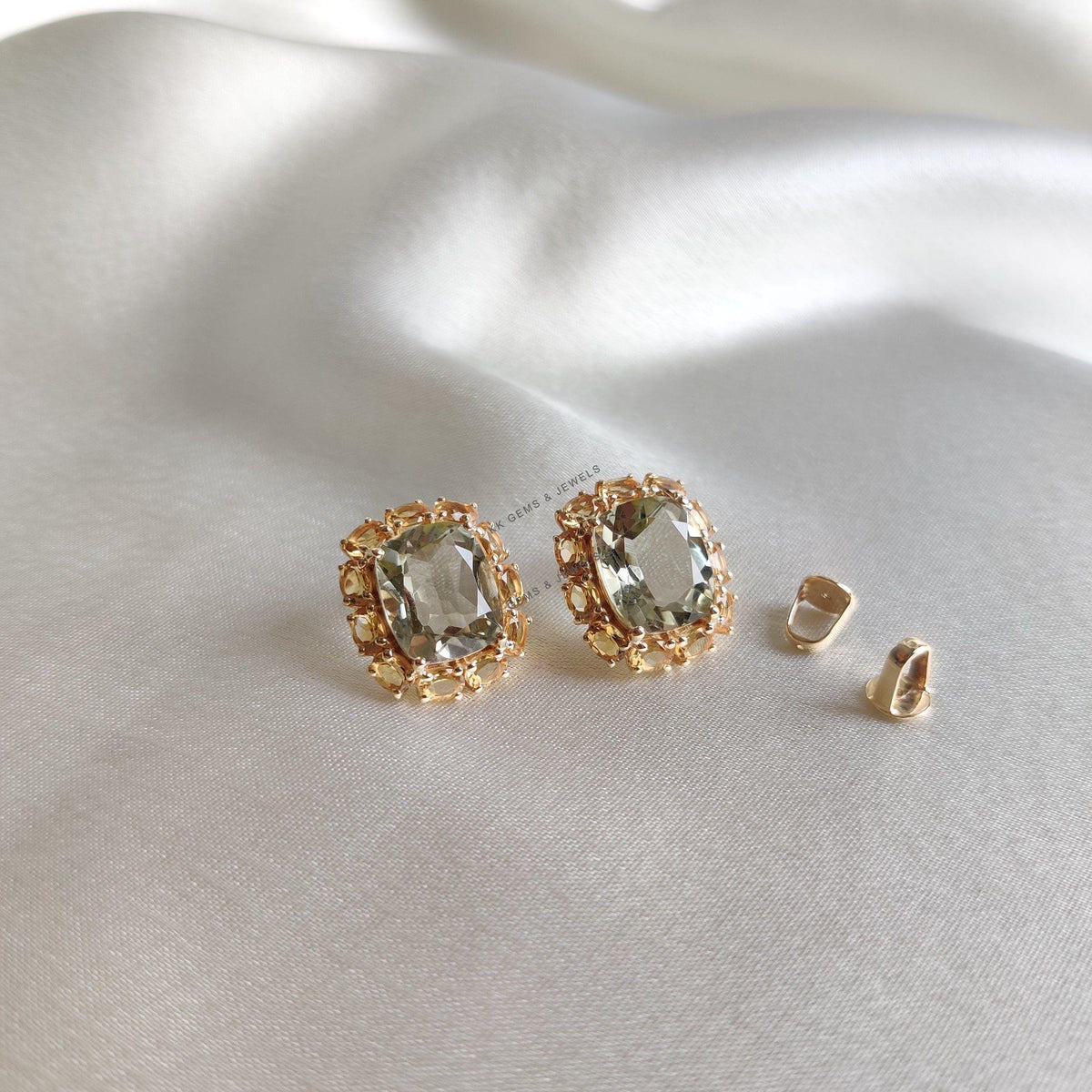 Natural Green Amethyst Citrine Earrings, 14K Solid Yellow Gold Studs