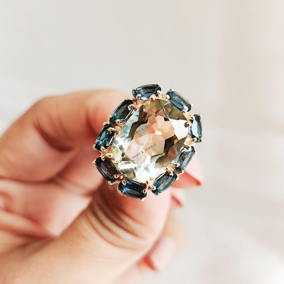 Natural Green Amethyst London Blue Topaz Statement Ring, 14K Solid Yellow Gold Ring