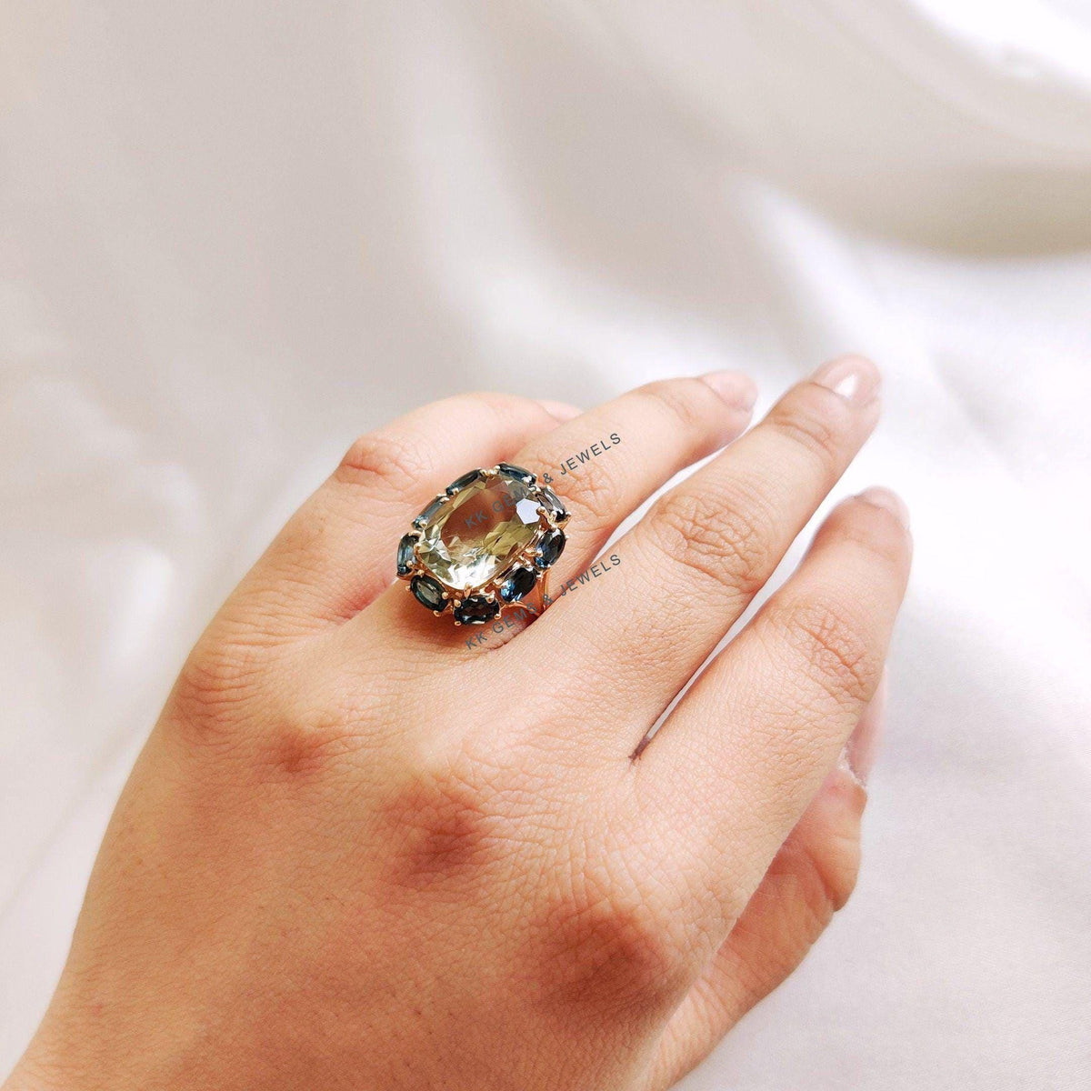 Natural Green Amethyst London Blue Topaz Statement Ring, 14K Solid Yellow Gold Ring