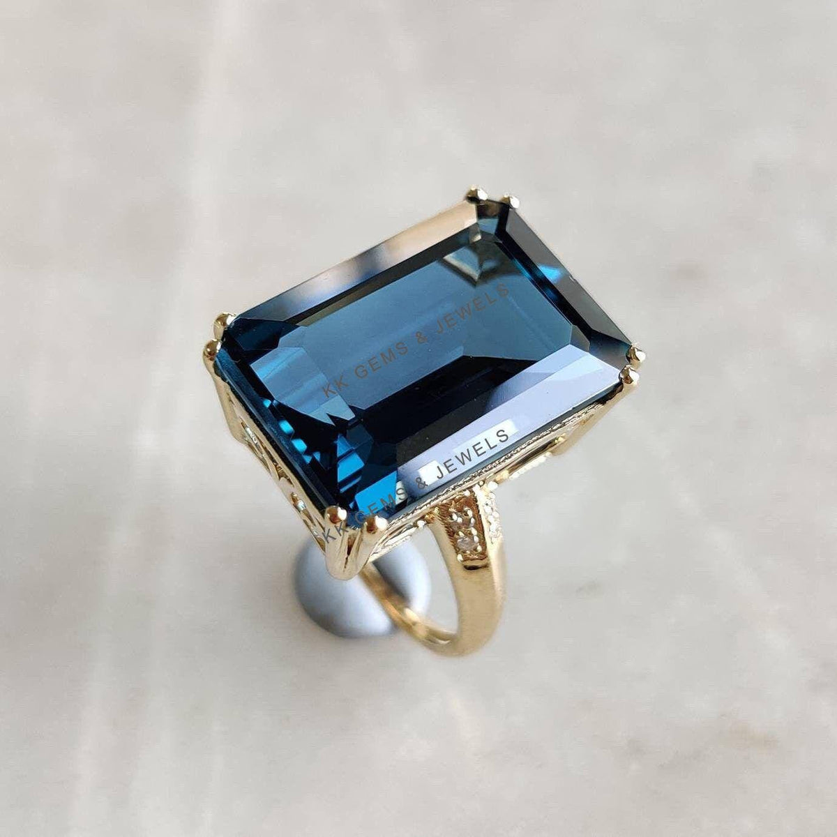 Natural London Blue Topaz & Diamond Ring, 14K Solid Yellow Gold, December Birthstone