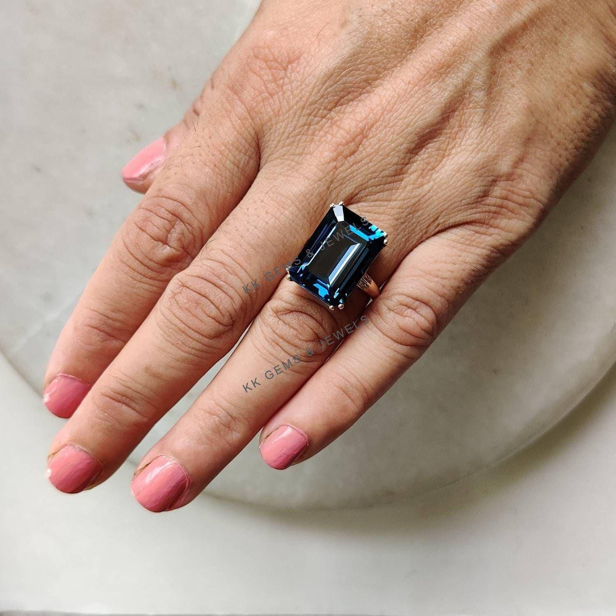Natural London Blue Topaz & Diamond Ring, 14K Solid Yellow Gold, December Birthstone