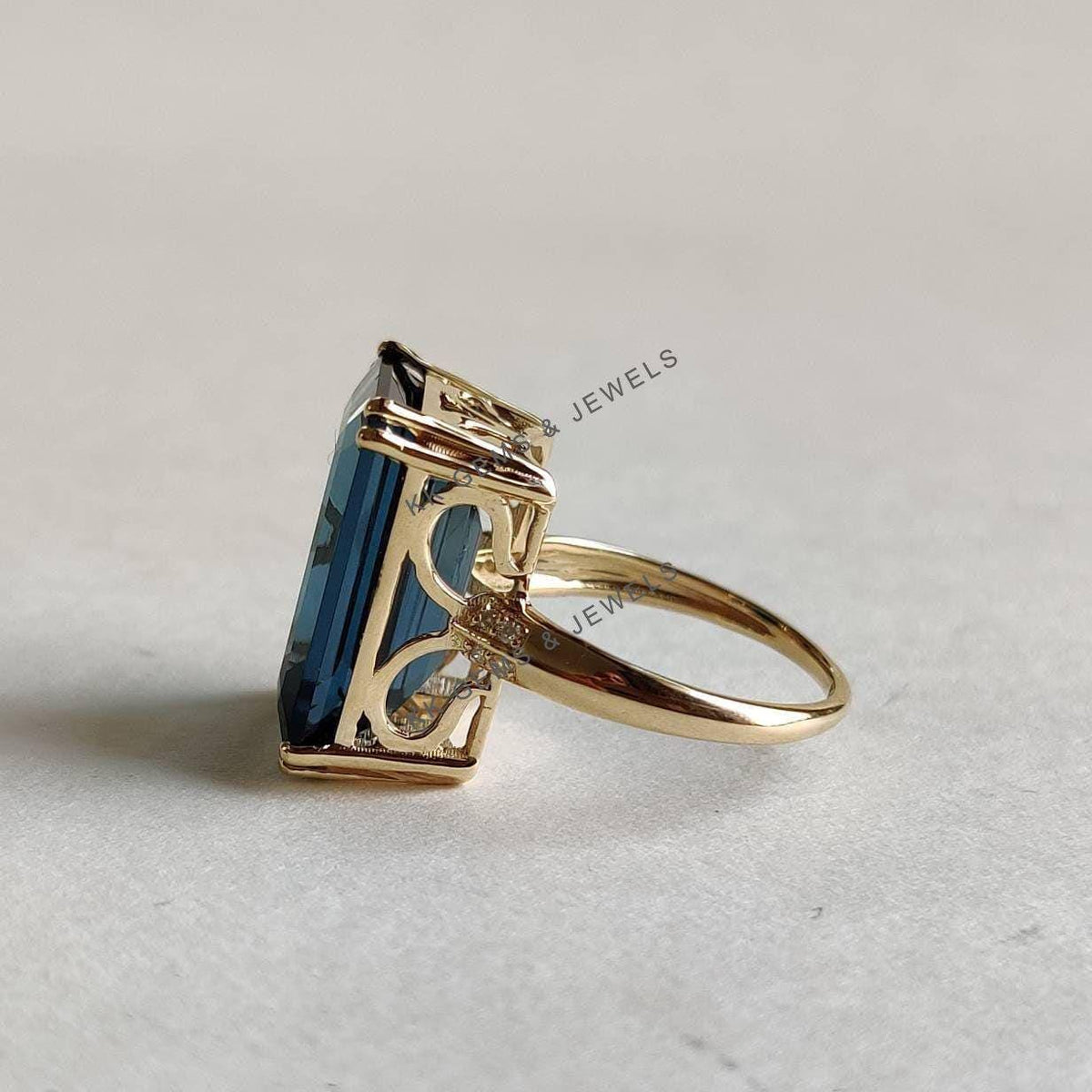 Natural London Blue Topaz & Diamond Ring, 14K Solid Yellow Gold, December Birthstone
