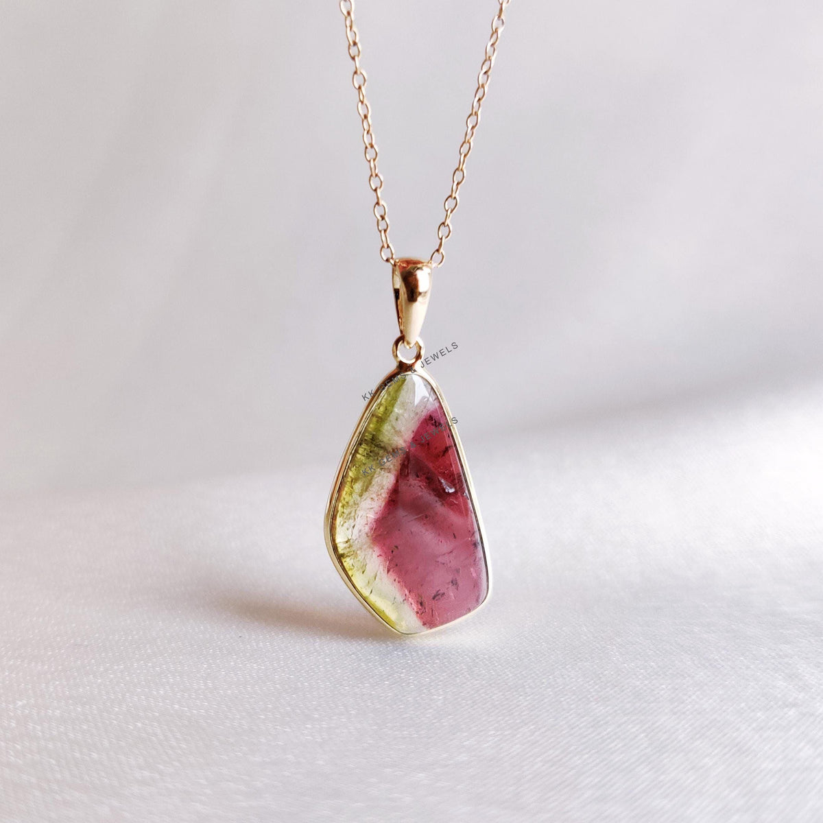 Natural Watermelon Tourmaline 14K Solid Yellow Gold Bezel Pendant, October Birthstone