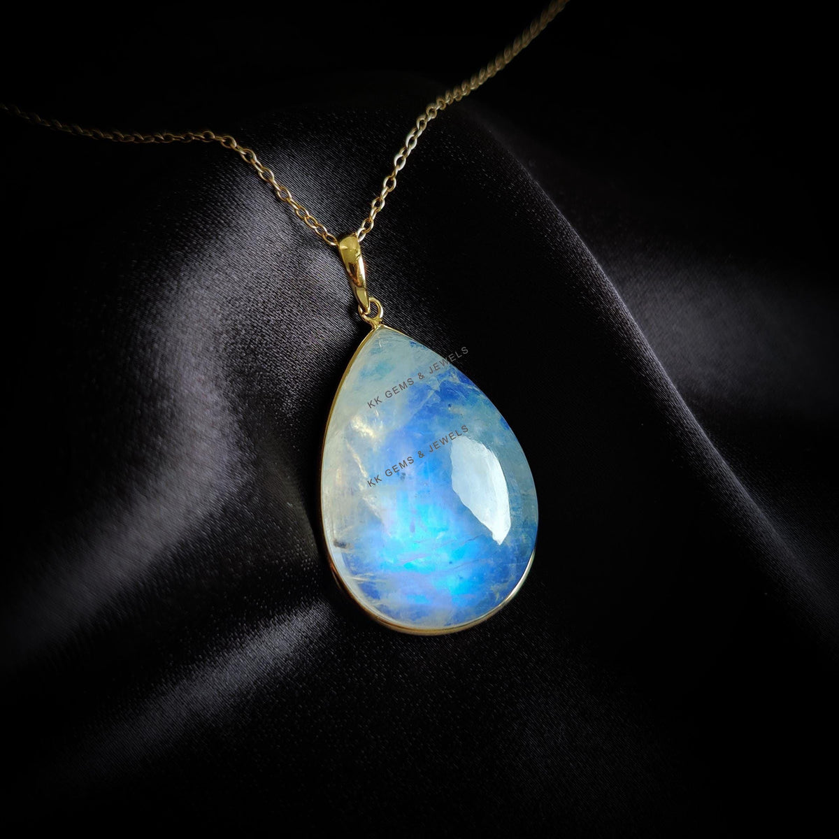 Natural Rainbow Moonstone 14K Solid Yellow Gold Pendant: Pear Cabochon, June Birthstone