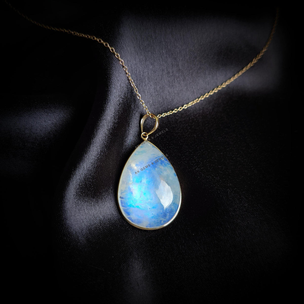 Natural Rainbow Moonstone 14K Solid Yellow Gold Pendant: Pear Cabochon, June Birthstone