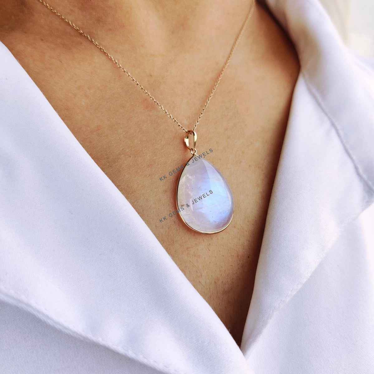 Natural Rainbow Moonstone 14K Solid Yellow Gold Pendant: Pear Cabochon, June Birthstone