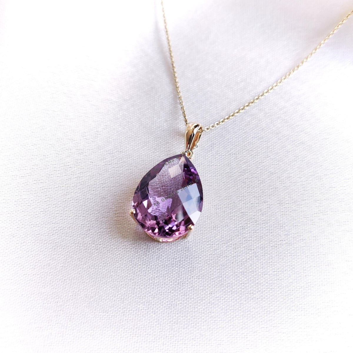14K Solid Gold Natural Purple Amethyst Pendant: Pear Cut February Birthstone