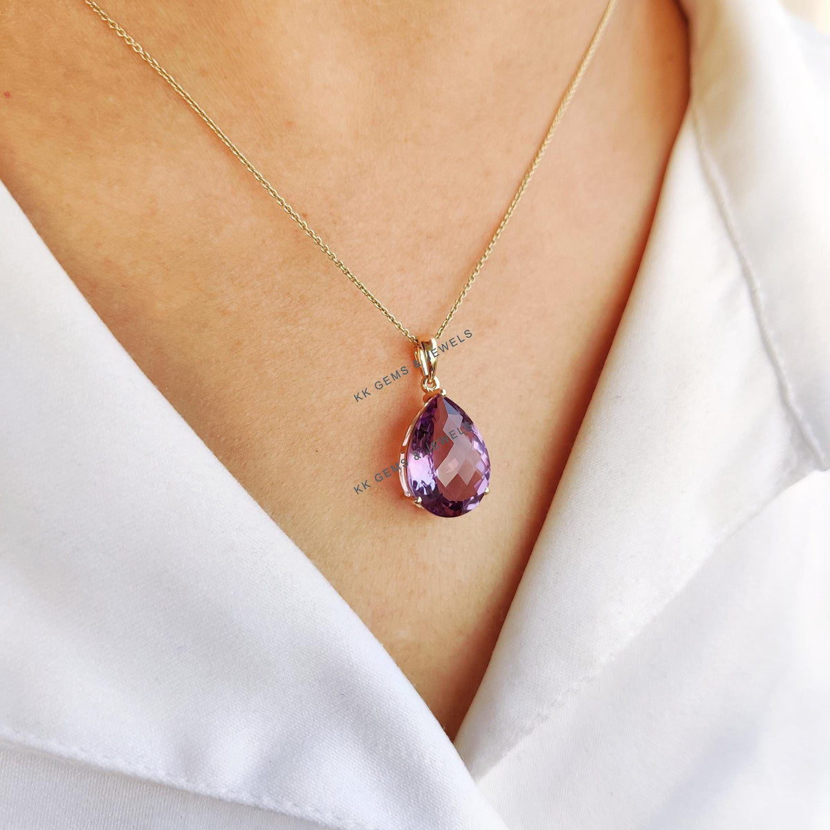 14K Solid Gold Natural Purple Amethyst Pendant: Pear Cut February Birthstone