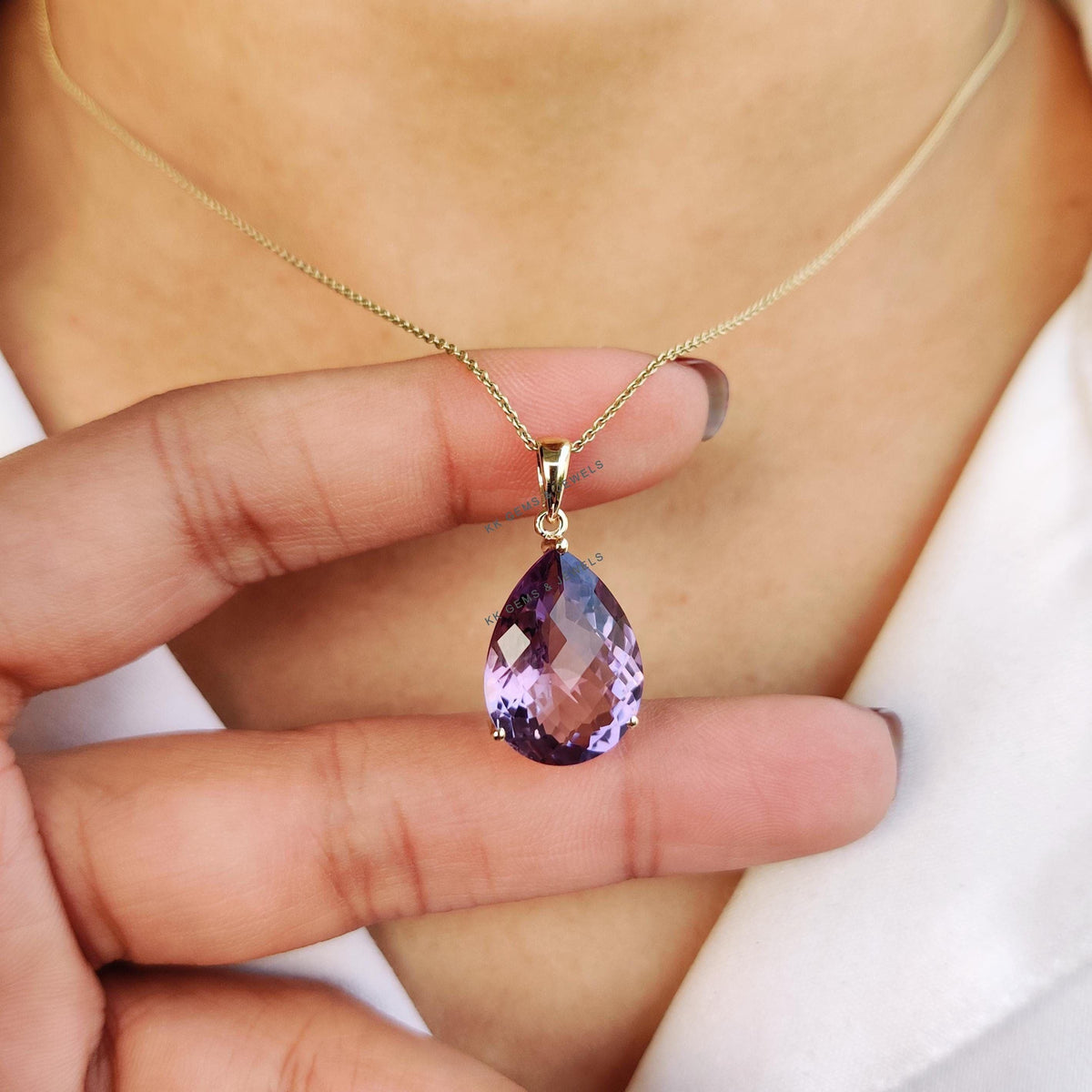 14K Solid Gold Natural Purple Amethyst Pendant: Pear Cut February Birthstone