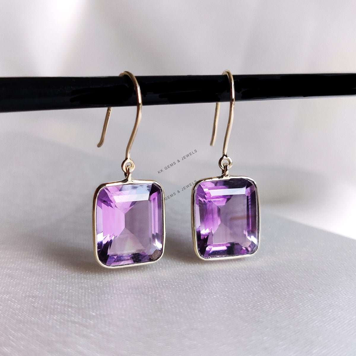 14K Solid Yellow Gold Natural Purple Amethyst Bezel Earrings, February Birthstone