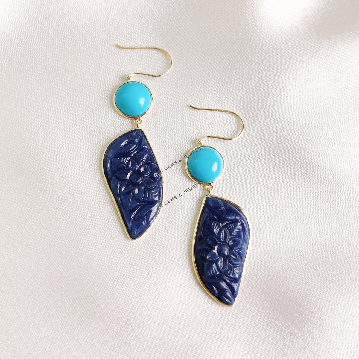 14K Solid Yellow Gold Natural Turquoise & Carving Blue Sapphire Drill Earrings
