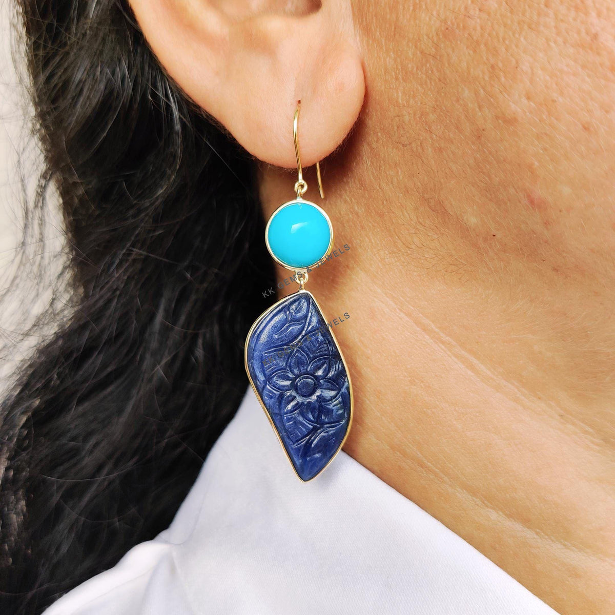 14K Solid Yellow Gold Natural Turquoise & Carving Blue Sapphire Drill Earrings