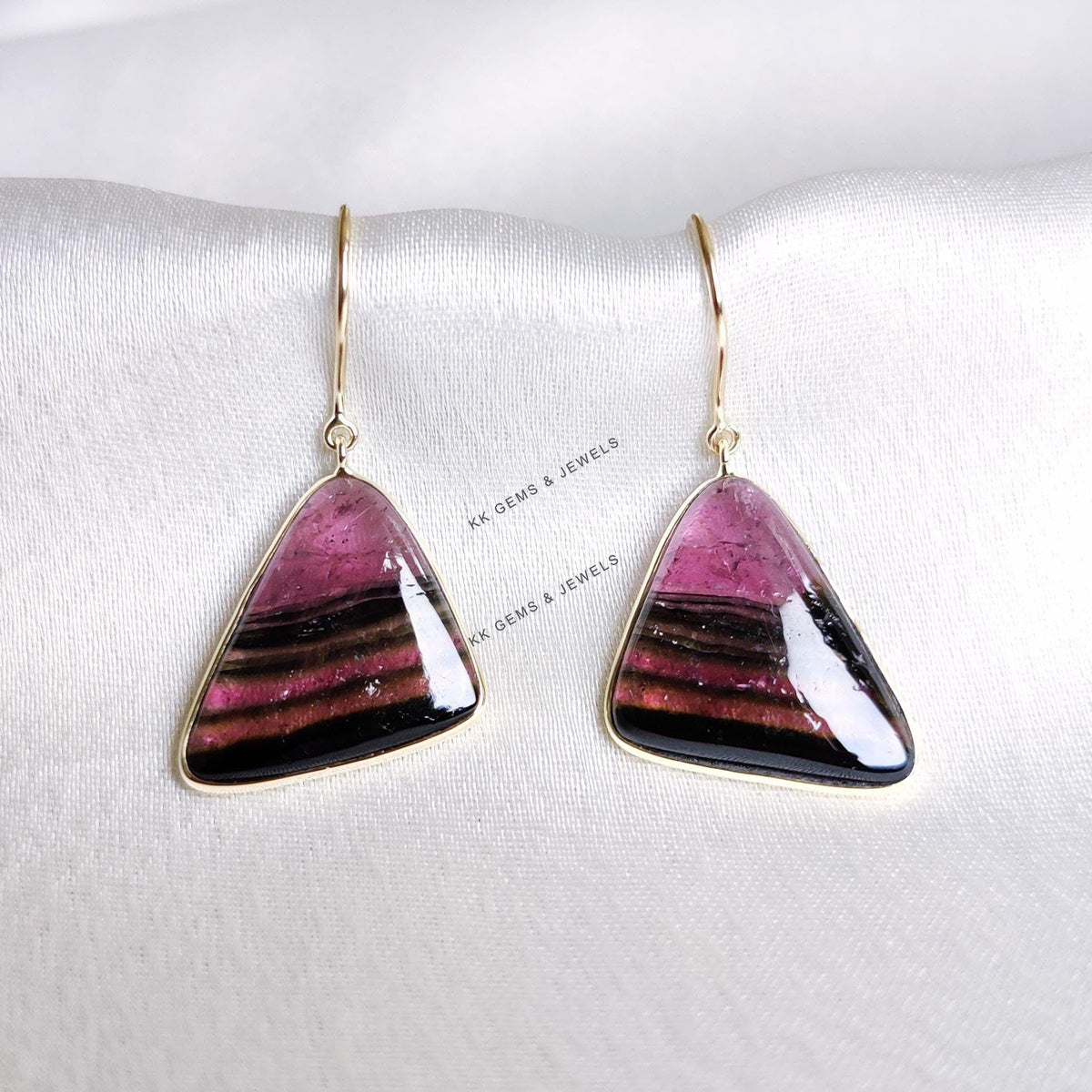 Natural Rubellite Tourmaline Trillion Earrings, 14K Solid Yellow Gold Bezel, October Birthstone