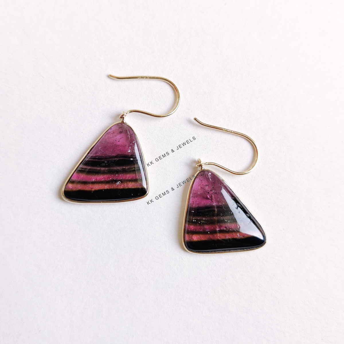 Natural Rubellite Tourmaline Trillion Earrings, 14K Solid Yellow Gold Bezel, October Birthstone