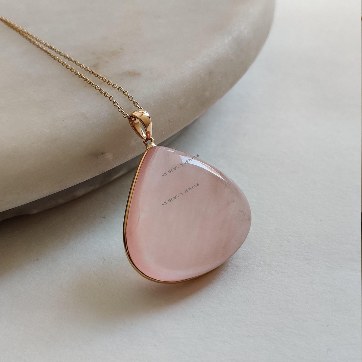 Natural Rose Quartz Pendant, 14K Solid Yellow Gold Bezel Pendant, January Birthstone