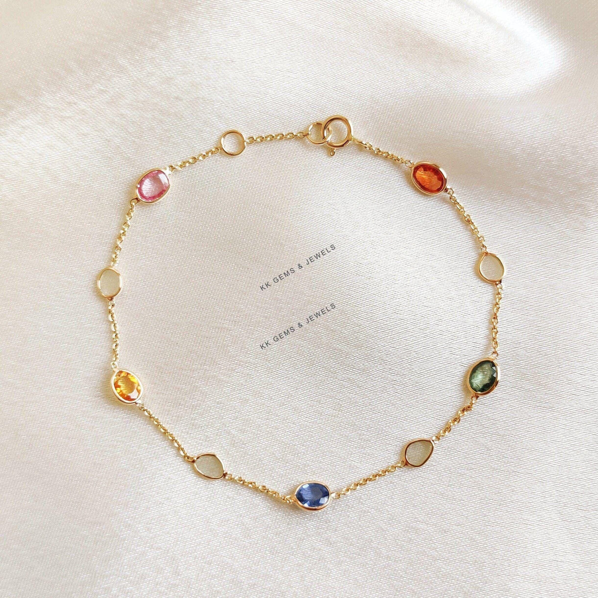 14K Solid Gold Natural Multi Sapphire & Diamond Polki Bracelet - September Birthstone