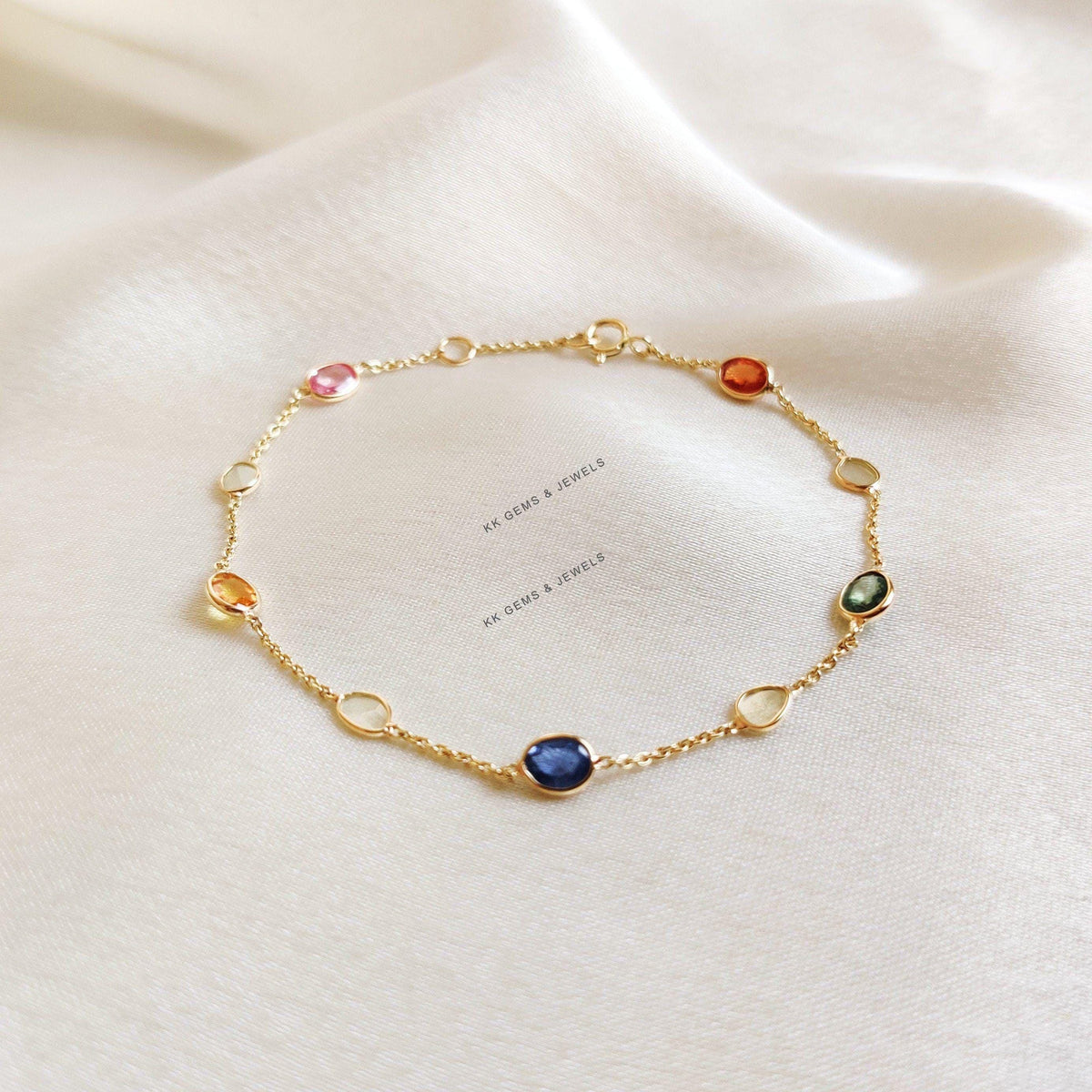 14K Solid Gold Natural Multi Sapphire & Diamond Polki Bracelet - September Birthstone