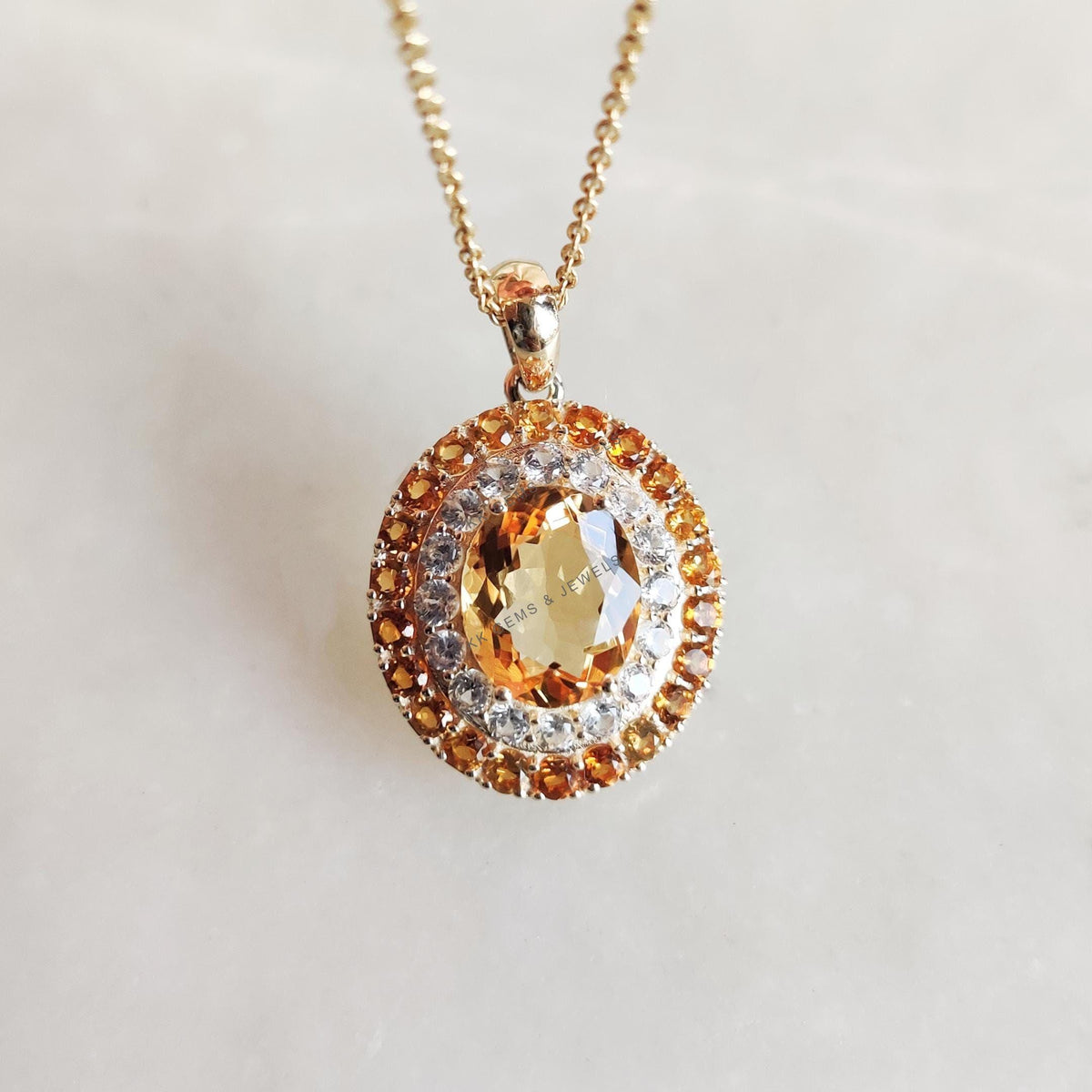Natural Citrine & White Sapphire 14K Solid Yellow Gold Pendant, Nov Birthstone,