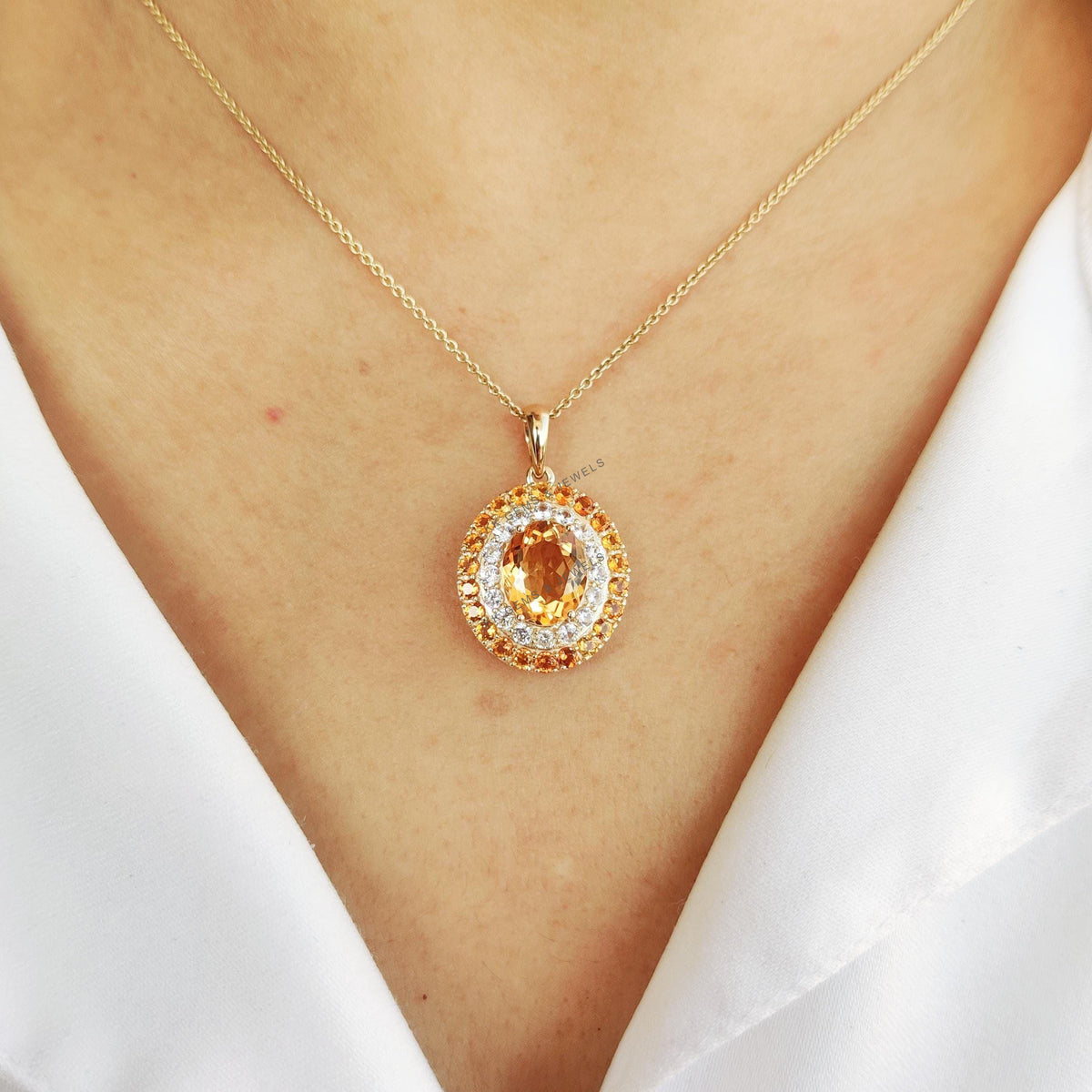 Natural Citrine & White Sapphire 14K Solid Yellow Gold Pendant, Nov Birthstone,