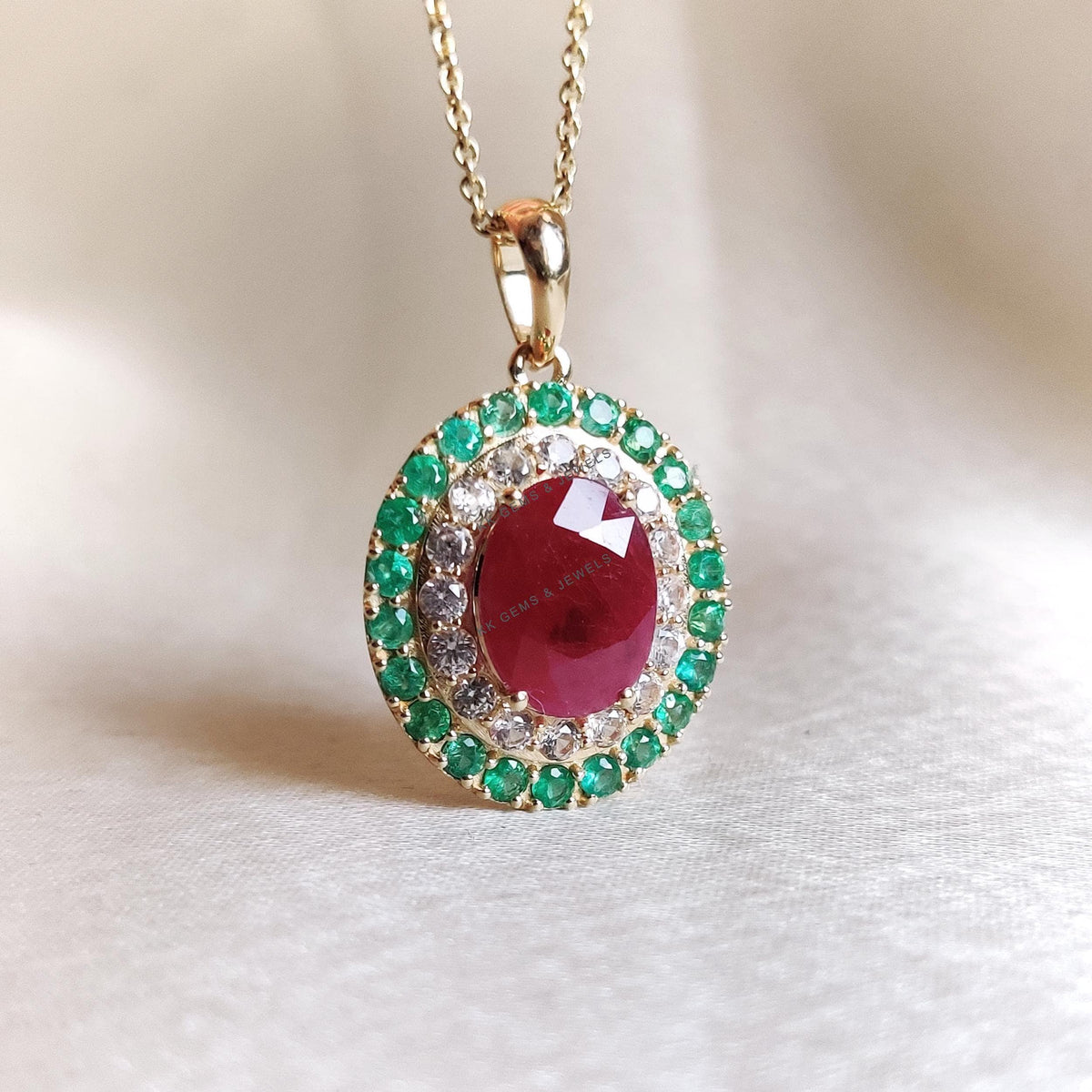 Natural Ruby & Emerald and White Sapphire Pendant, 14K Solid Yellow Gold Pendant, July May Birthstone