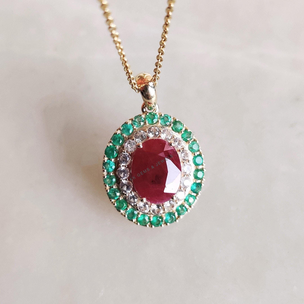Natural Ruby & Emerald and White Sapphire Pendant, 14K Solid Yellow Gold Pendant, July May Birthstone