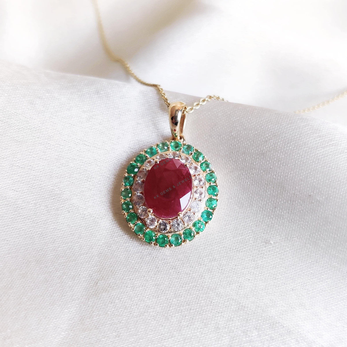 Natural Ruby & Emerald and White Sapphire Pendant, 14K Solid Yellow Gold Pendant, July May Birthstone