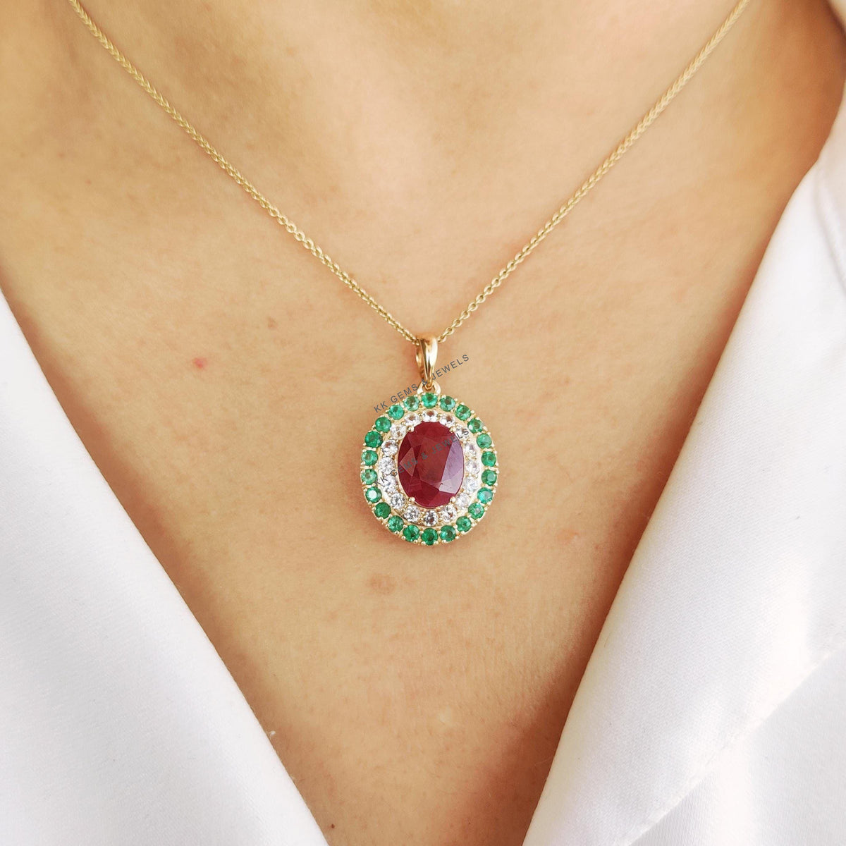 Natural Ruby & Emerald and White Sapphire Pendant, 14K Solid Yellow Gold Pendant, July May Birthstone