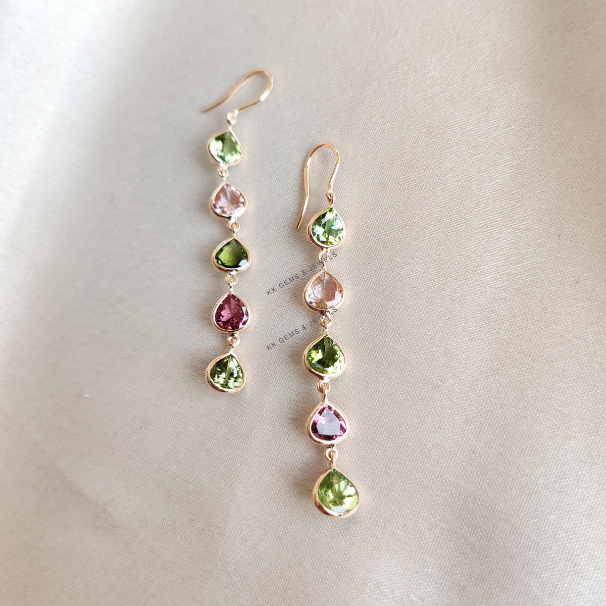 Natural Multi Tourmaline 18K Solid Yellow Gold Earrings, October Birthstone