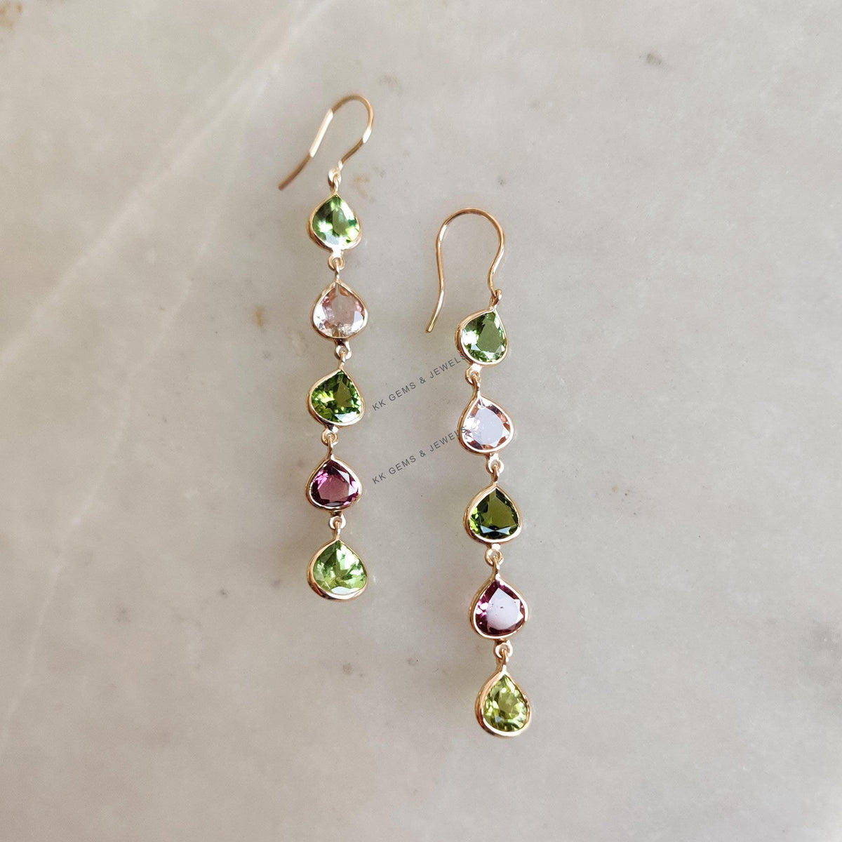 Natural Multi Tourmaline 18K Solid Yellow Gold Earrings, October Birthstone