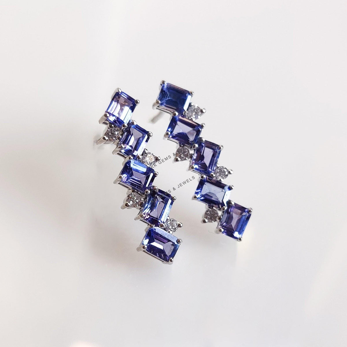 Natural Tanzanite & Diamond 14K Solid White Gold Earrings, December April Birthstone, Christmas Present,