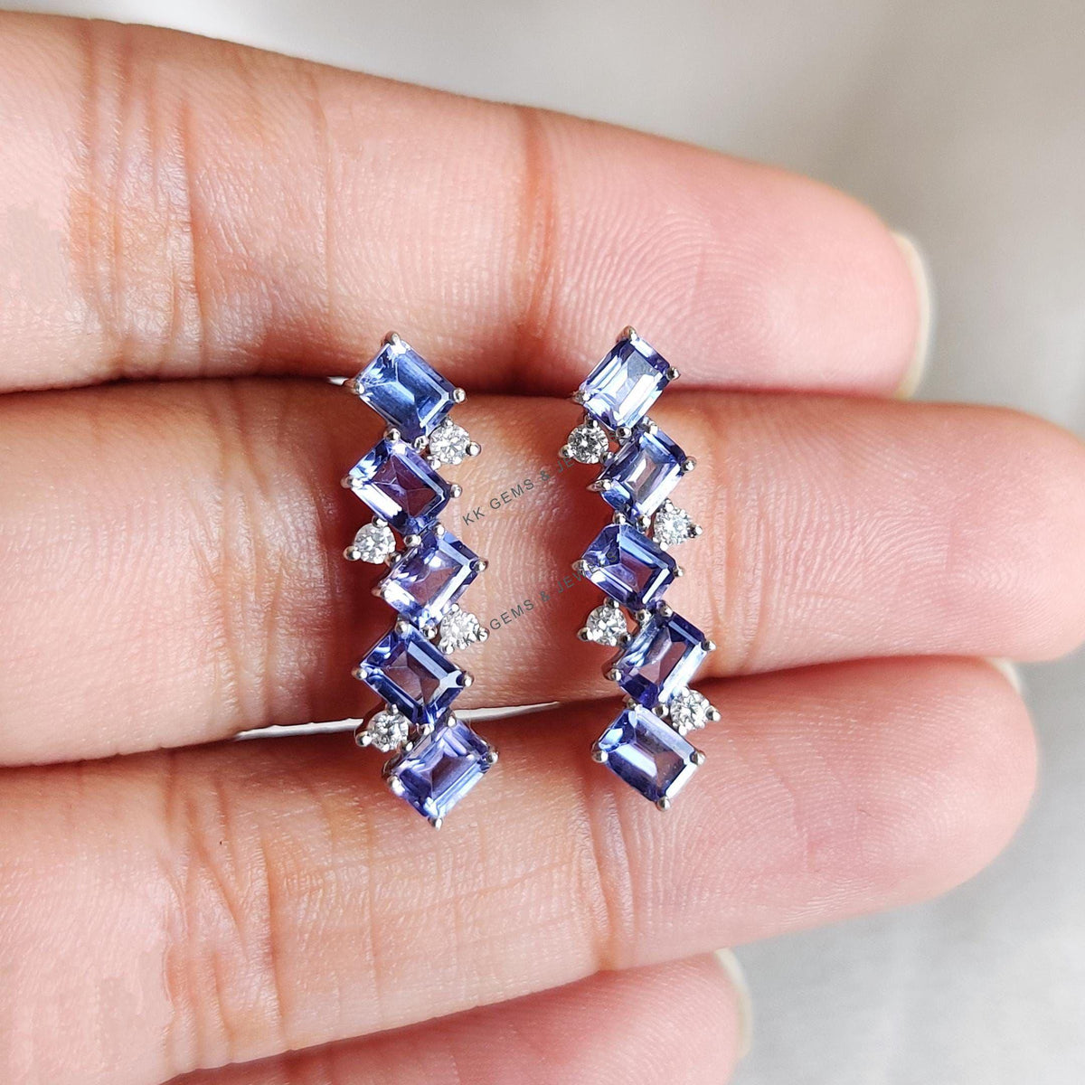 Natural Tanzanite & Diamond 14K Solid White Gold Earrings, December April Birthstone, Christmas Present,