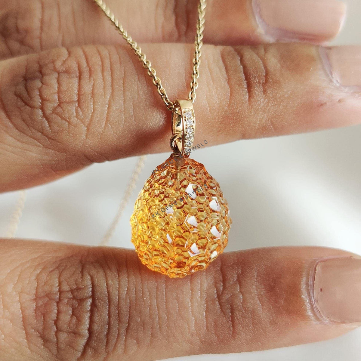 Natural Citrine & Diamond Pendant: 18K Solid Yellow Gold Citrine Jewelry, November Birthstone,