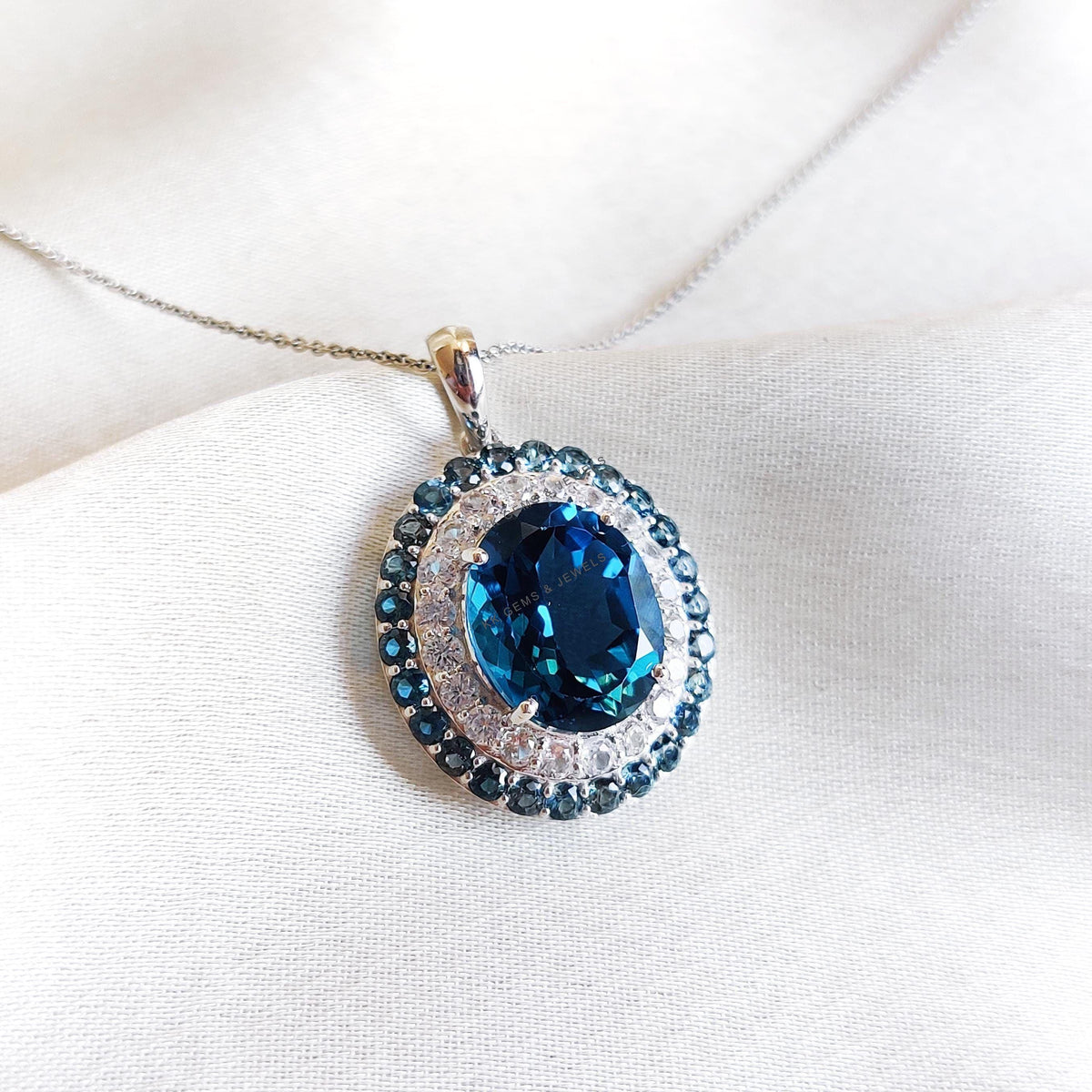 Natural London Blue Topaz & White Sapphire Pendant, 14K Solid White Gold