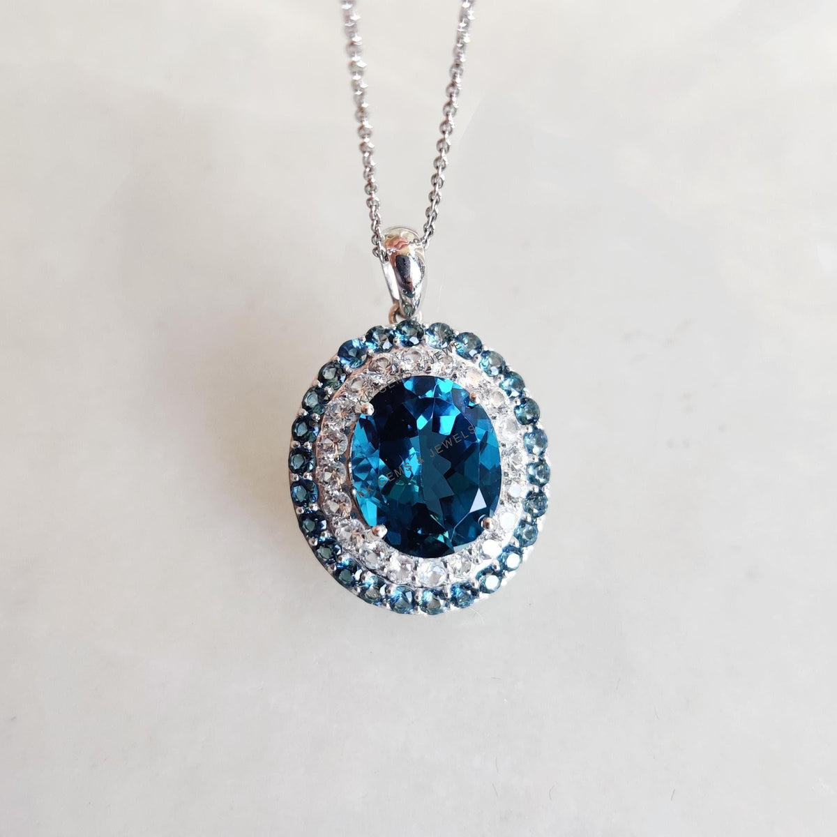 Natural London Blue Topaz & White Sapphire Pendant, 14K Solid White Gold