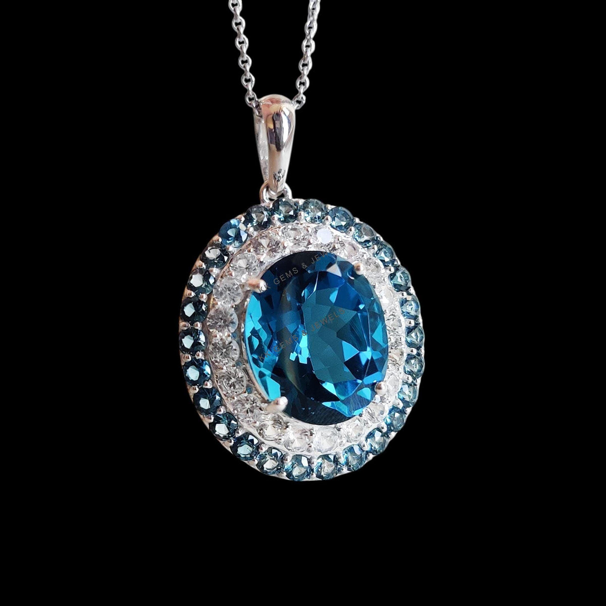 Natural London Blue Topaz & White Sapphire Pendant, 14K Solid White Gold