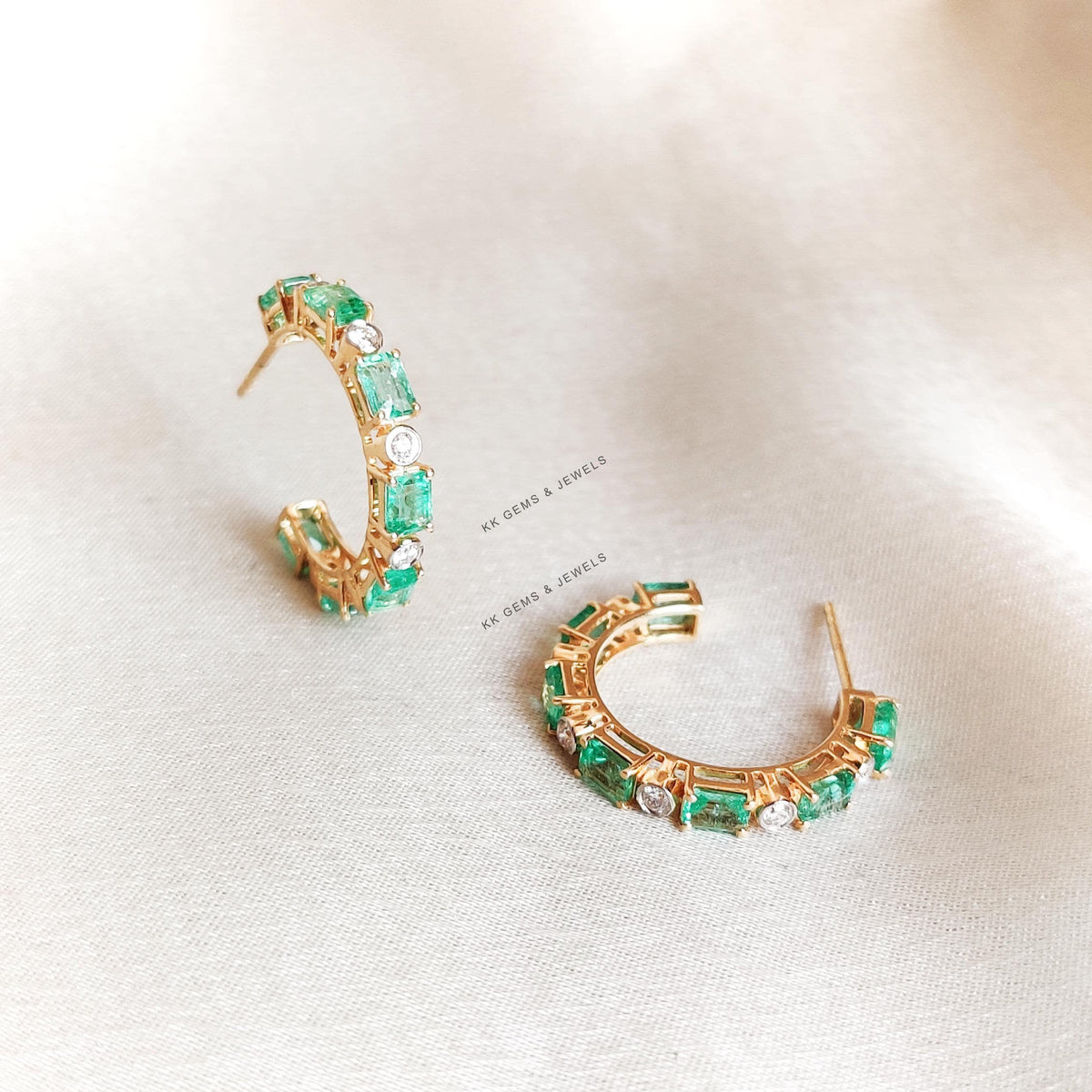 Natural Emerald & Diamond Earrings, 14K Solid Yellow Gold Hoops, May April Birthstone