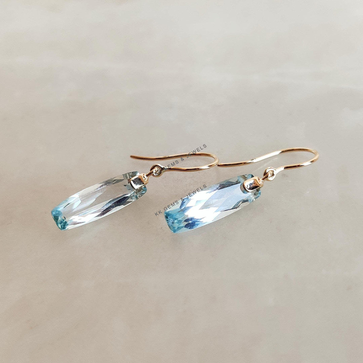 14K Solid Gold Natural Sky Blue Topaz Drill Earrings, December Birthstone