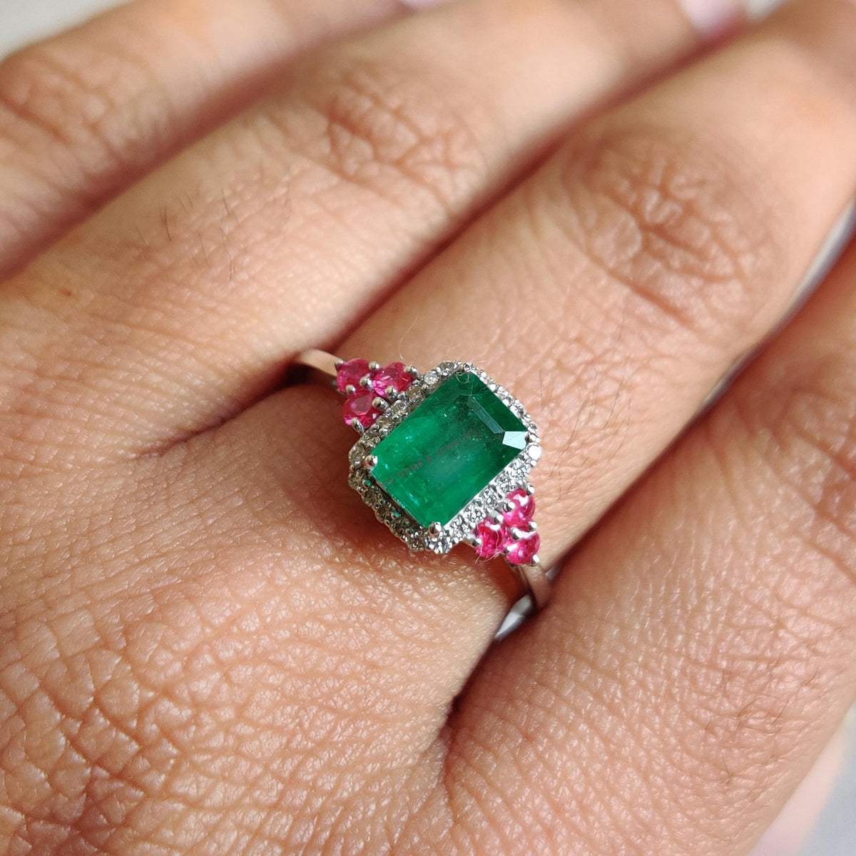 Natural Emerald & Ruby and Diamond Ring, 14K Solid White Gold Ring, Christmas Gift
