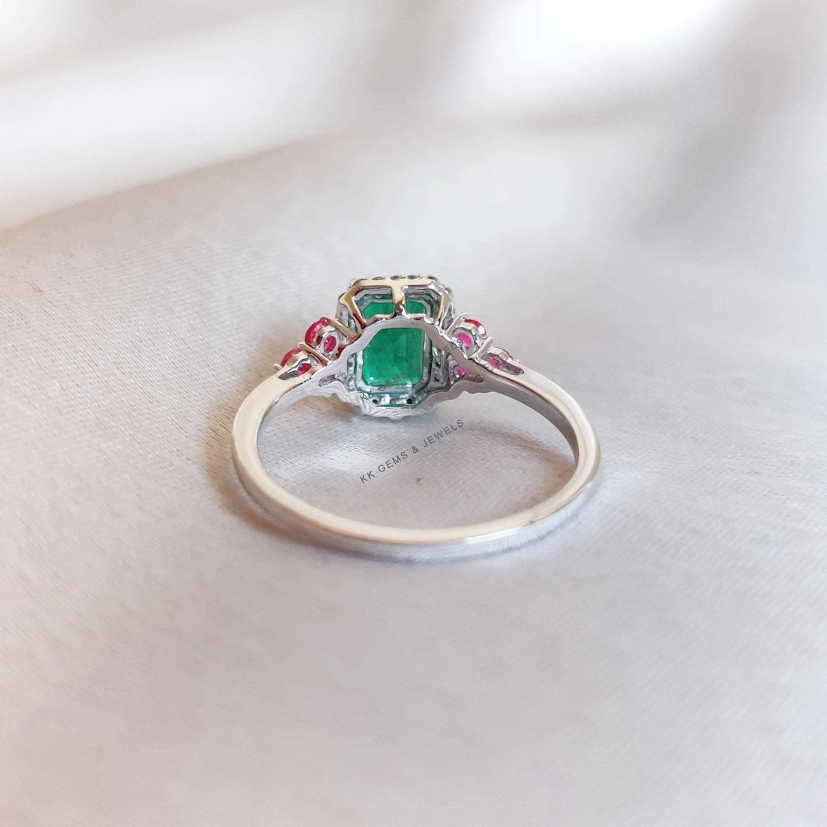 Natural Emerald & Ruby and Diamond Ring, 14K Solid White Gold Ring, Christmas Gift